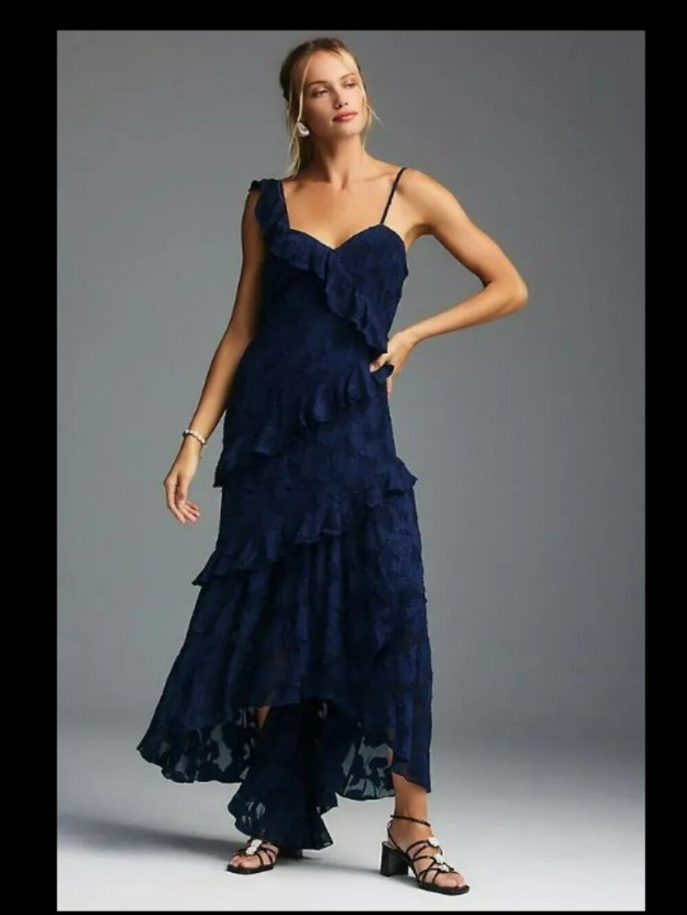 BHLDN Claudia Asymmetric Ruffle Chiffon Midi Dress - Size Medium